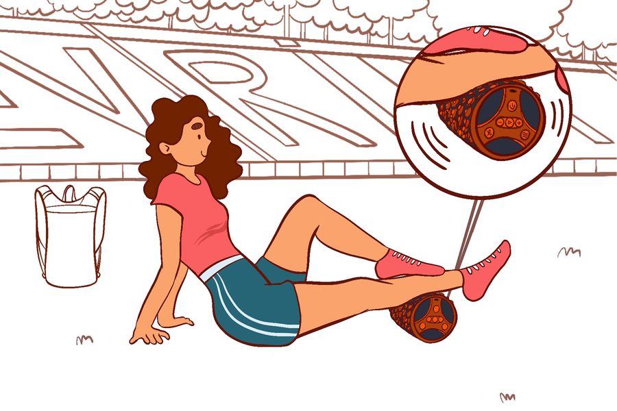 Using the speaker as a foam roller on the calf