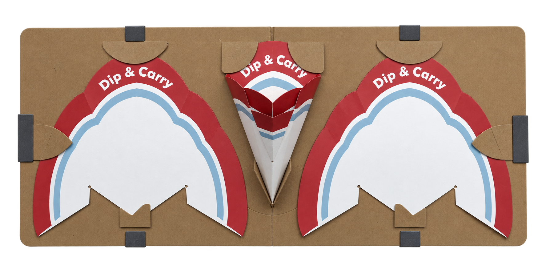 Flat Dip & Carry blanks printed in red, white and blue, shown beside one formed package