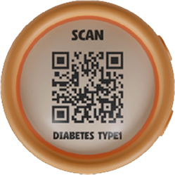 GlucoBuddy watch UI — emergency QR code and contact info