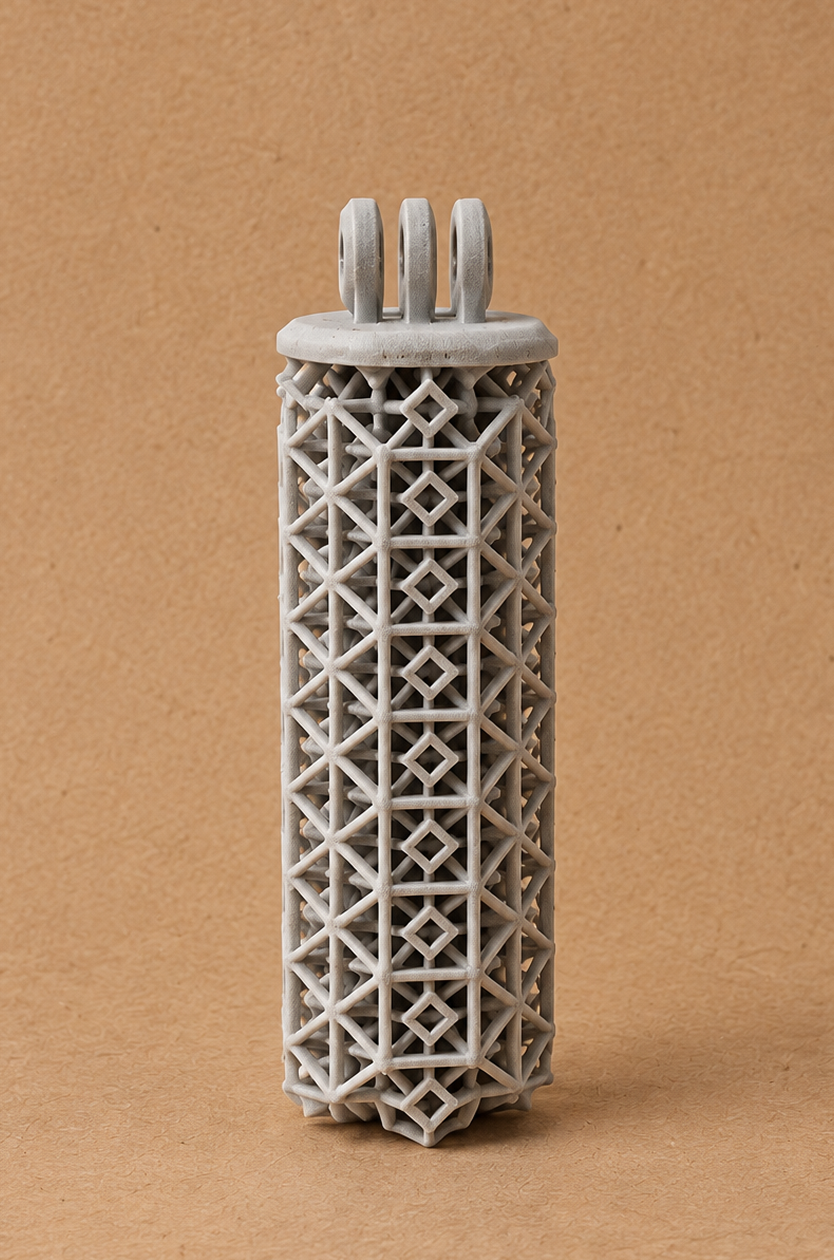 Open lattice-walled handle, printed in a light grey material
