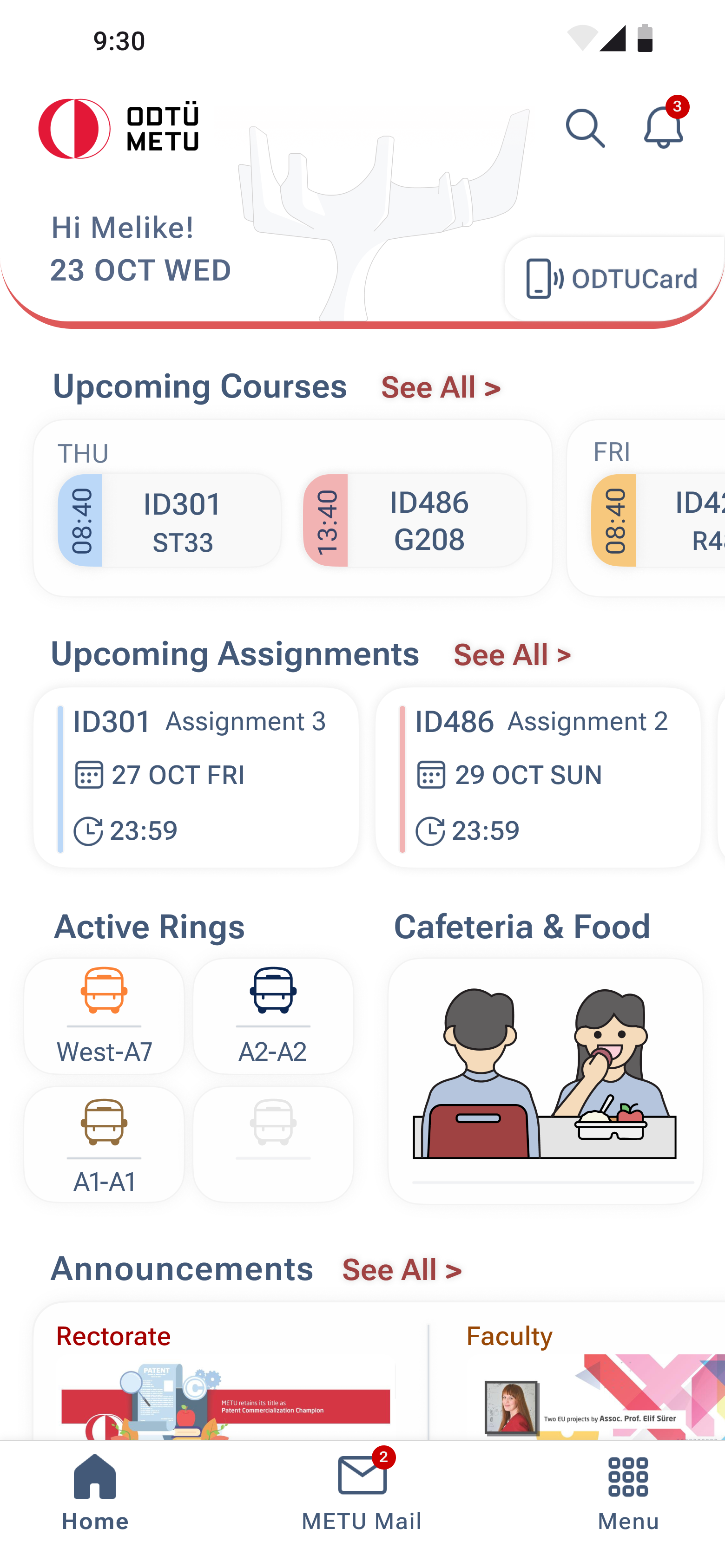 Home page — upcoming courses, assignments, active rings and cafeteria