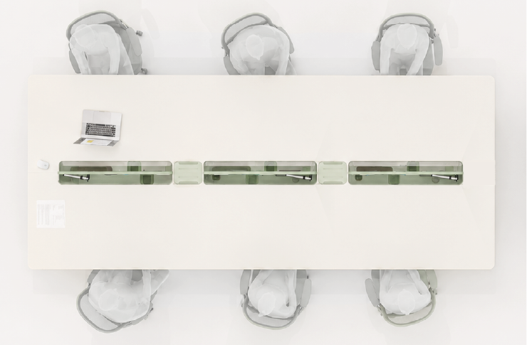 Six-person workstation layout, top view
