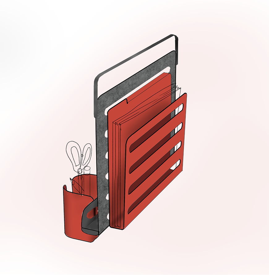 Concept sketch detailing how a personal accessory slots onto and attaches to the partition