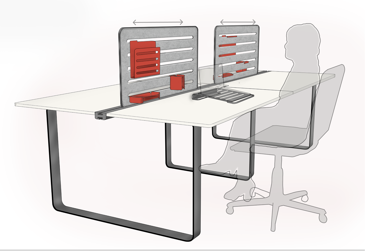 High-fidelity concept sketch of the system in use, showing the moving partition and shared rail at a seated workstation
