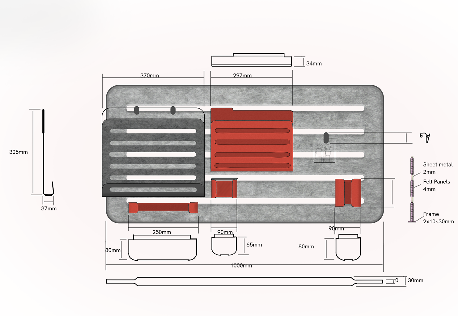 Dimensioned concept sketch of the partition surface and its removable accessories