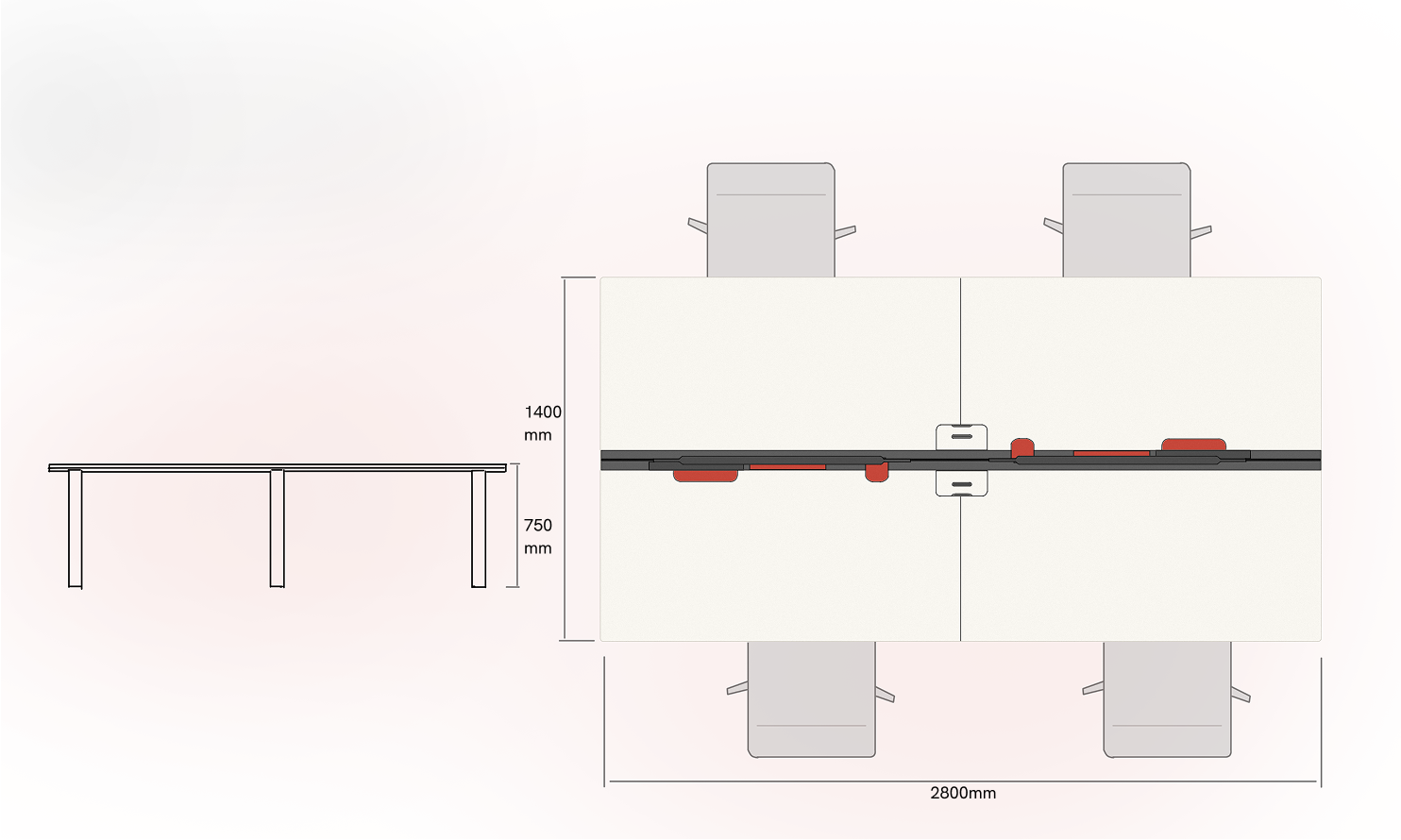 Plan and elevation study of the workstation cluster, shared rail and table dimensions