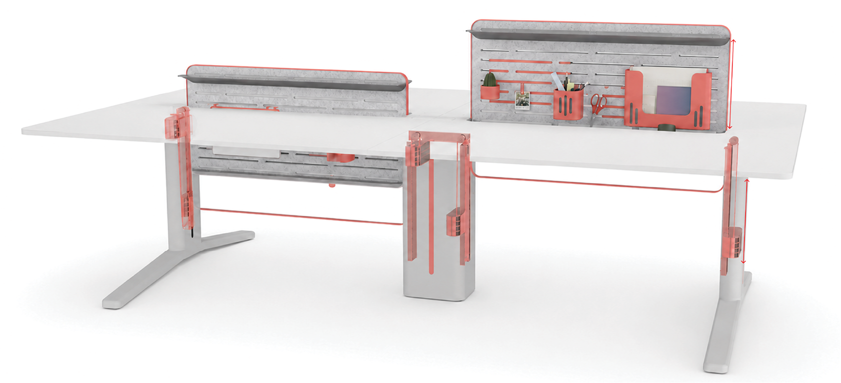 Exploded diagram of the counterweighted partition mechanism, showing raised and lowered positions and the internal counterweight paths