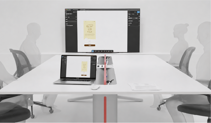 Workstation cluster with partitions lowered, converted into a shared meeting table