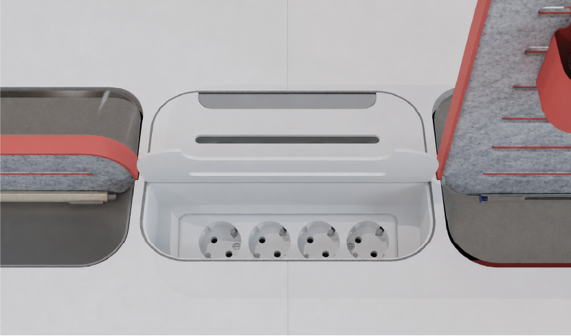 Shared power outlet at the centre of the workstation cluster