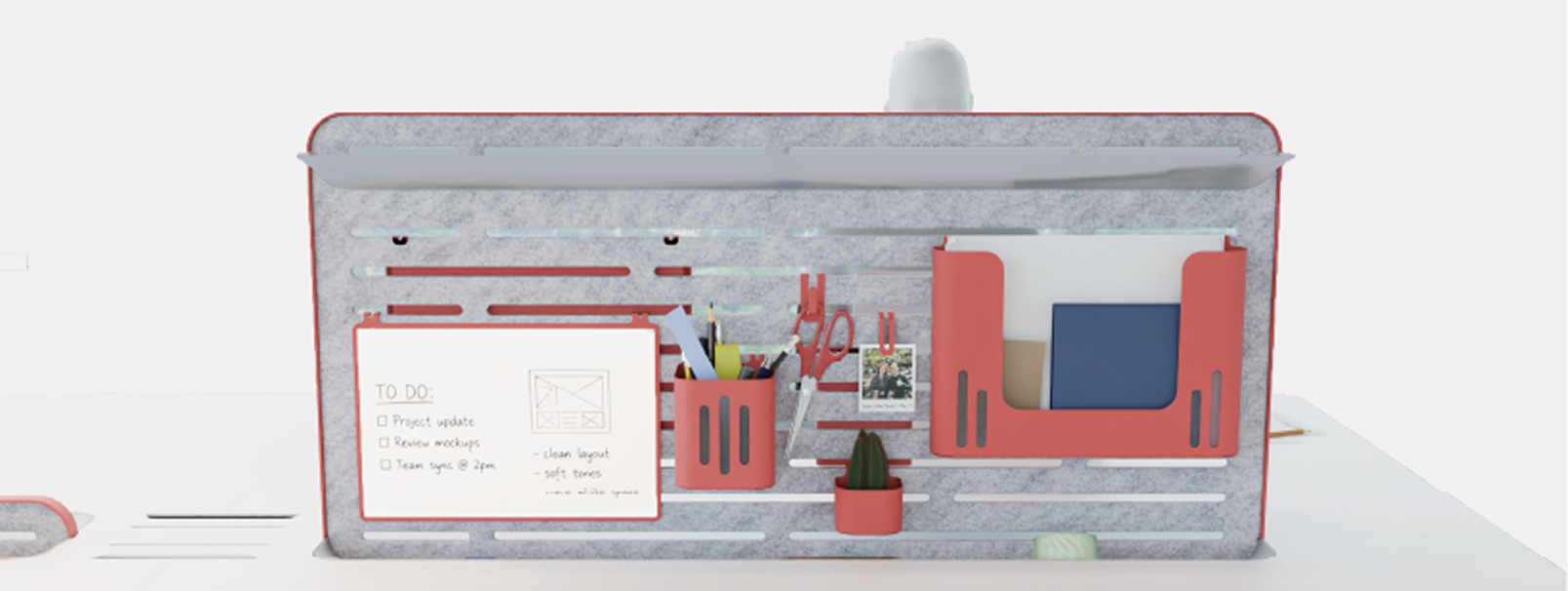 Felt partition with a slotted surface holding personal accessories