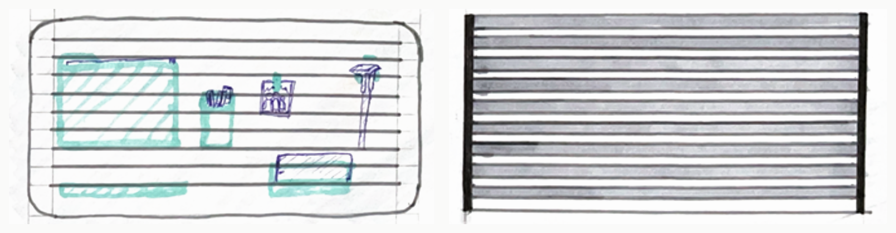 Front-view studies of the partition's slatted surface and accessories