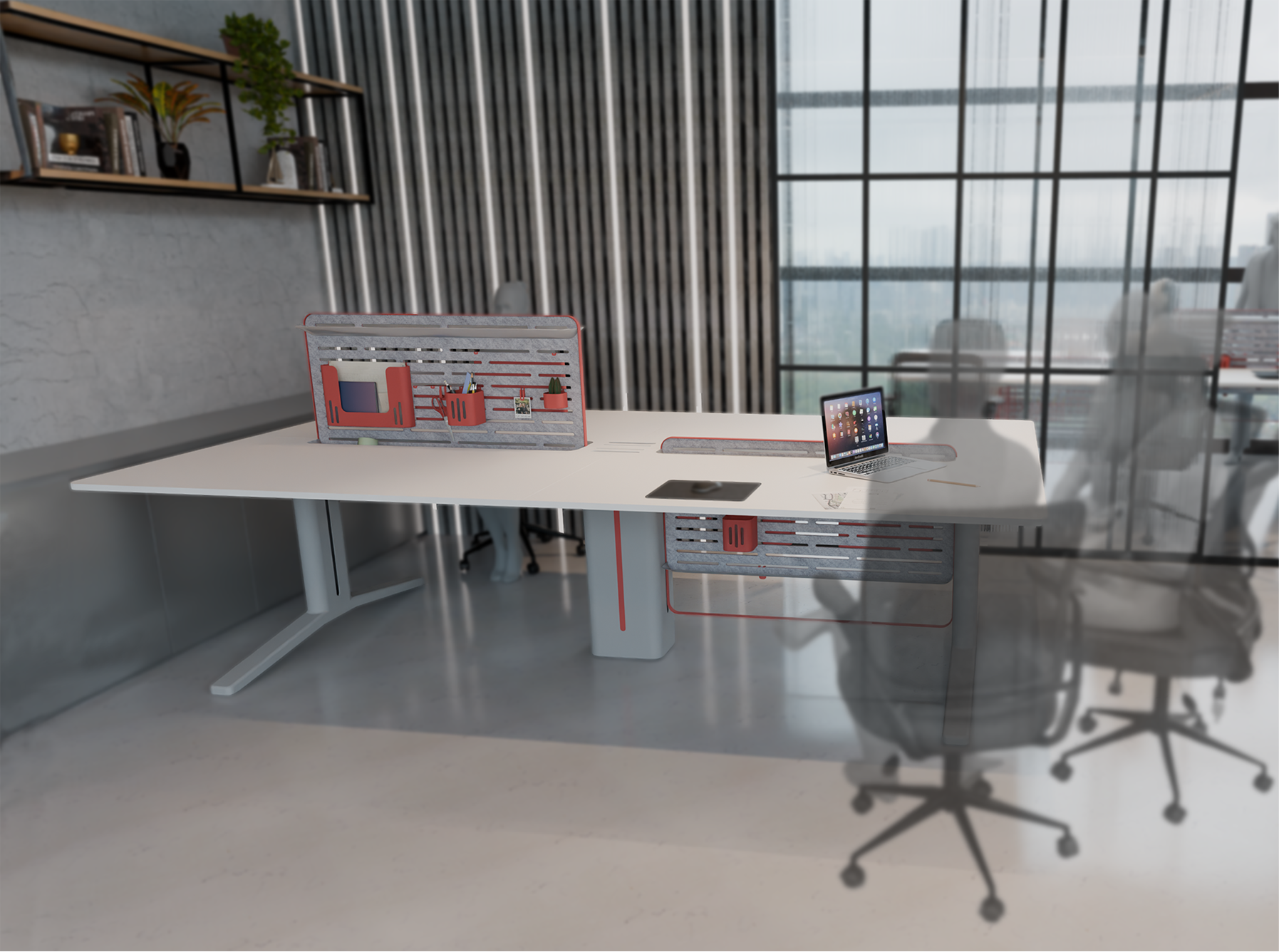 Opus workstation with partition, accessories and shared power hub, city-view office
