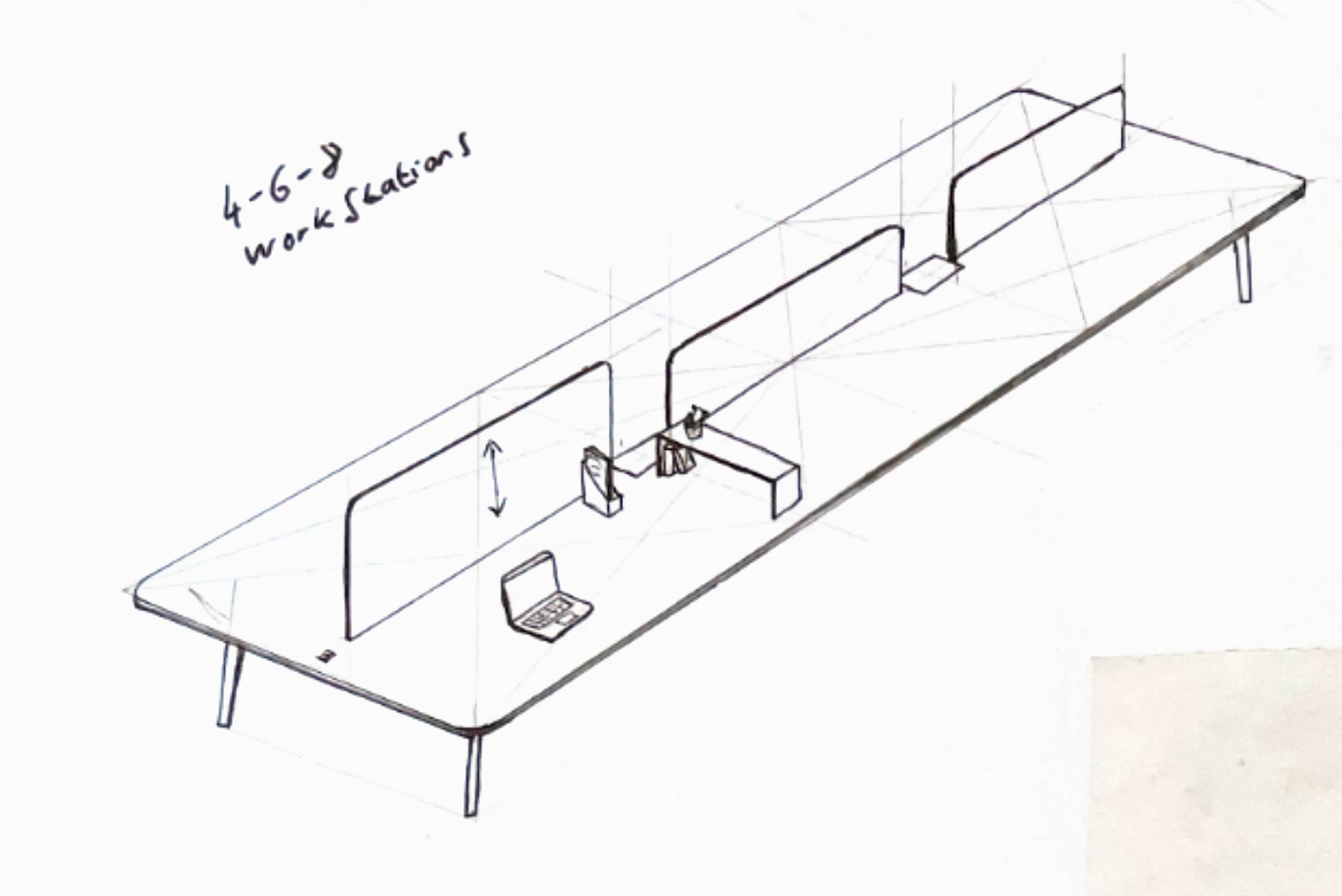 Workstation layout sketch, scalable from 4 to 8 people
