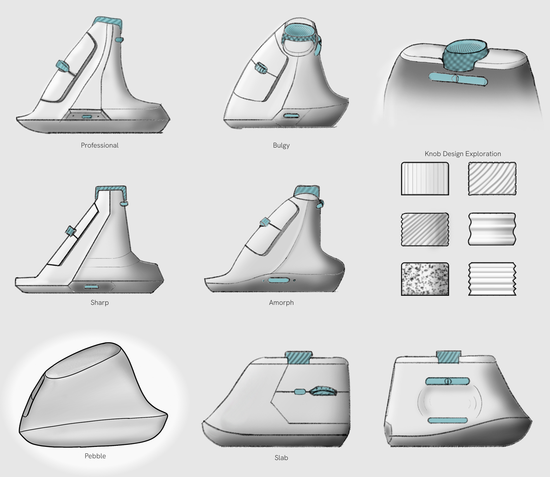 Pebble design direction exploration — eight vertical mouse silhouettes (Professional, Bulgy, Sharp, Amorph, Pebble, Slab and others) with a knob texture study